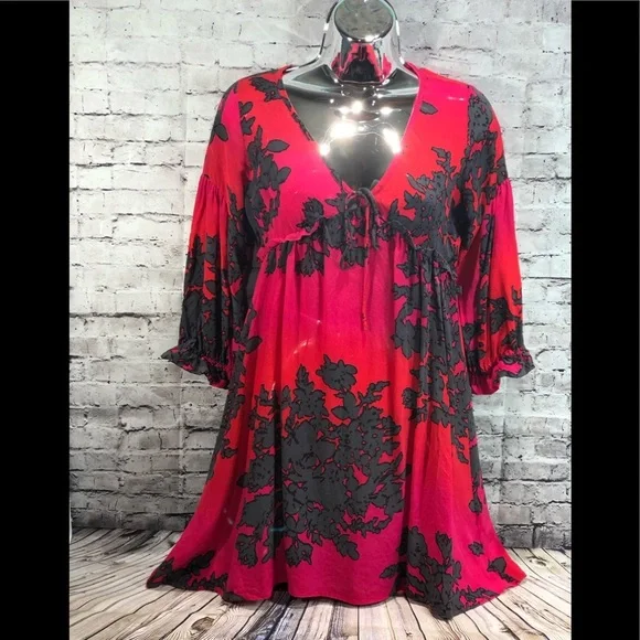 DEPT red magenta grey floral silk tunic dress sz S - Picture 1 of 5